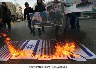 Palestinians Burn US And Israeli Flags And Hold Posters Of Qassem Soleimani Who Was Killed In A US Drone Strike Last Week, During A Protest In Gaza Strip, On Jan 8, 2020. Photo By Abed Rahim Khatib