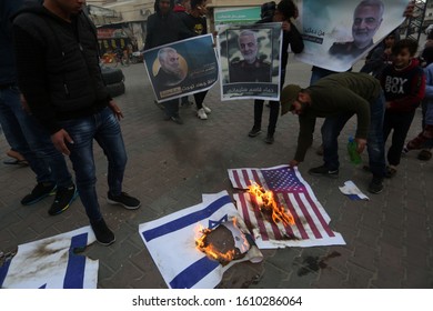 Palestinians Burn US And Israeli Flags And Hold Posters Of Qassem Soleimani Who Was Killed In A US Drone Strike Last Week, During A Protest In Gaza Strip, On Jan 8, 2020. Photo By Abed Rahim Khatib