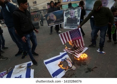 Palestinians Burn US And Israeli Flags And Hold Posters Of Qassem Soleimani Who Was Killed In A US Drone Strike Last Week, During A Protest In Gaza Strip, On Jan 8, 2020. Photo By Abed Rahim Khatib