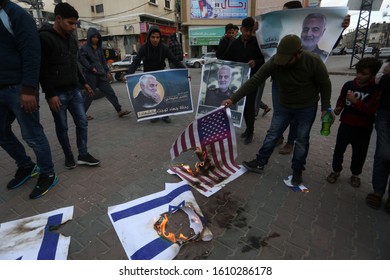 Palestinians Burn US And Israeli Flags And Hold Posters Of Qassem Soleimani Who Was Killed In A US Drone Strike Last Week, During A Protest In Gaza Strip, On Jan 8, 2020. Photo By Abed Rahim Khatib