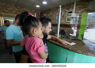 Palestinians Receive $100 Financial Aid From The State Of Qatar Through An Exchange Office. As Part Of The United Nations Humanitarian Cash Assistance Program, In Gaza Strip, On Sep 15, 2021.