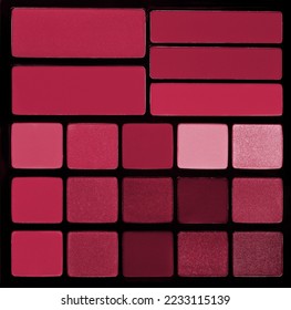 Palette of colorful eyeshadows from high view. New 2023 trending PANTONE 18-1750 Viva Magenta color