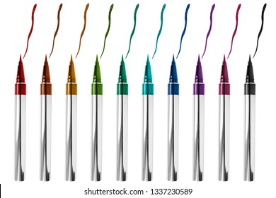 Palette Of Colorful Liquid Eyeliner And Color Swatches On White Background