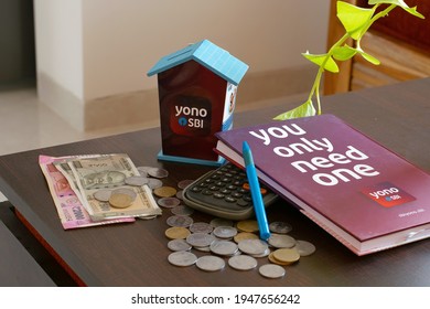 Palghar, India - 1 April 2021 A Financial Picture Of State Bank Of India's YONO Brand And Its Various Banking Products Such As Loans, Savings Account, Digital Banking, Fixed Deposits, Debit-credit Etc