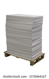 Pallet With Blank Offset Paper Standing In A Printing House. Isolated Over White.