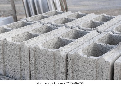Pallet of Concrete Cinder Blocks, Grey Uniformed brick Shapes building material. New for use  on construction site in Israel.  - Shutterstock ID 2139696293