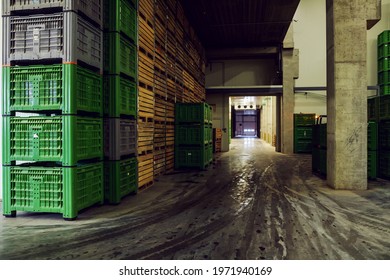 Pallets In The Warehouse. Empty Warehouse Space With Lots Of Pallets Neatly Stacked In The Factory Plant. The Dark Atmosphere Of A Closed Warehouse With No People. Distribution And Logistics