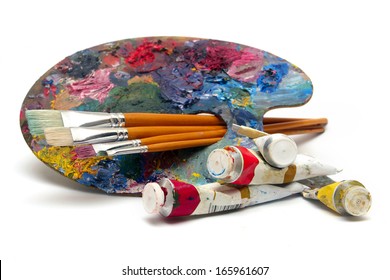 pallette with brushes on a white background  