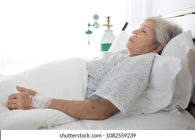 palliative care,  old asian patient wear oxygen cannula and sleep on white bed, elderly healthcare