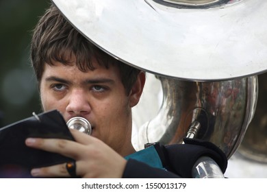 PALM BAY, FL - USA- NOVEMBER 3 2019: A Tuba Player Execute His Instrument During The Puerto Rico Parade In The City Of Palm Bay.