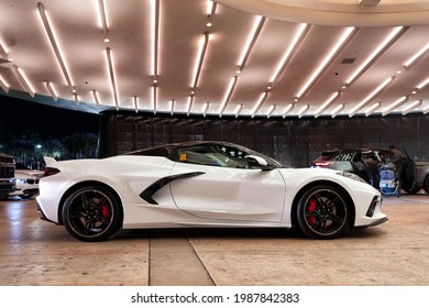 Palm Beach, Florida USA - March 22, 2021: White Chevrolet Chevy Corvette. Side View.