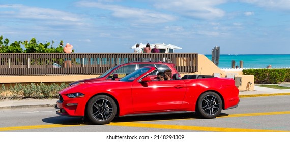 Palm Beach, Florida USA - March 21, 2021: Ford Mustang Car On Road In Palm Beach. Side View