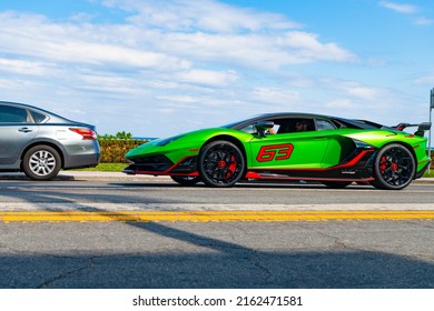 Palm Beach, Florida USA - March 21, 2021: Lamborghini Aventador Luxury Car On Road In Palm Beach