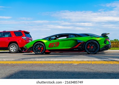 Palm Beach, Florida USA - March 21, 2021: Lamborghini Aventador Auto On Road In Palm Beach