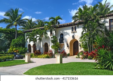 Palm Beach, Florida, USA - March15, 2014: wonderful mansion in spanish style. No people. Palm Beach is one of the richest town in USA. Many splendid villas are concentrated in relatively small space.