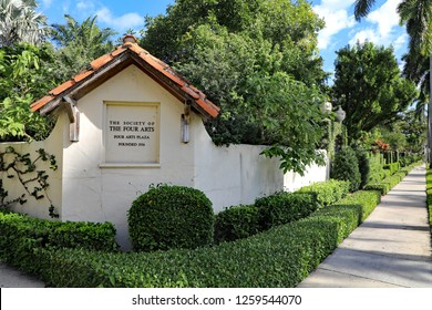 PALM BEACH, FL/USA - DECEMBER 16, 2018:  The Society of the Four Arts building, and Gardens on Palm Beach, Florida is a cultural hub for the upscale island community.