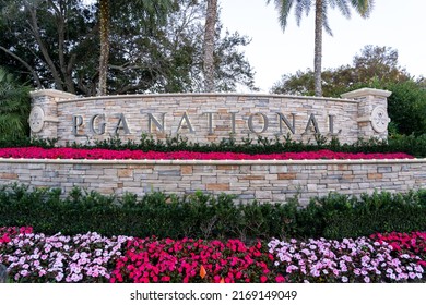 Palm Beach Gardens, FL, USA - January 2, 2022: PGA of America sign at its Headquarters in Palm Beach Gardens, FL, USA. The Professional Golfers' Association of America is an American organization.