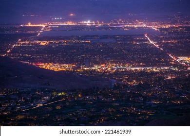 Palm Desert, California Night Panorama. Coachella Valley At Night.