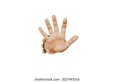 Palm of a hand gesturing stop or halt warning. Isolated on white background.