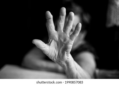 Palm Of The Hand Of An Old Woman. Black And White Photo.