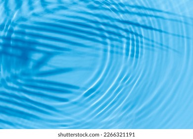 Palm leaf shadow, drop on blue water background. Top view, flat lay.