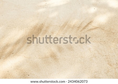 Palm leaf Shadow Pattern on Sand background, Natural light creates shadow pattern on sandy beach. Summer time concept, nature backdrop. Top view texture, copy space