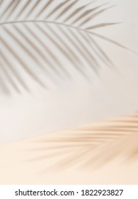 Schatten aus Palmblättern auf weißer Wand und cremefarbenem Fußboden. Abstrakter Hintergrund von Schatten, Palmenblättern für kreative Sommermonate. Neutrale tropische Palme, die auf hellem Hintergrund aufgespielt werden. Vertikal