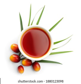 Palm oil in bowl and fruits on white background, top view