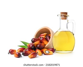 Palm oil with fresh palm nuts on isolated on white background. - Shutterstock ID 2182019871