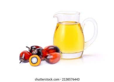 Palm Oil In Glass Bottle And Fresh Palm Fruit Isolated On White Background.