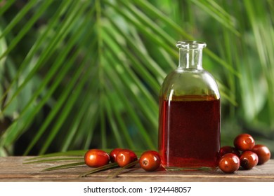 Palm Oil In Glass Bottle, Tropical Leaf And Fruits On Wooden Table. Space For Text