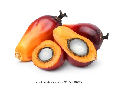 Palm oil nuts with cut in half isolated on white background. Clipping path. - Shutterstock ID 2177529969