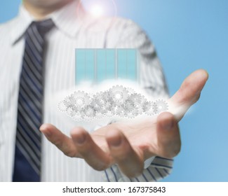 palm opening businessman with cloud, computing server in sky background