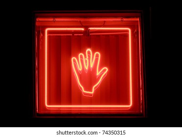 Palm Reader Sign, Red Hand In Glowing Neon