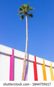 Palm Springs, CA - October 28, 2020: Exterior Of The Saguaro Hotel With Blue Sky And Palm Tree