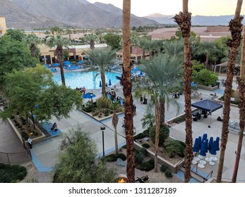 Palm Springs, California - October 26, 2018:  Renaissance Palm Springs Hotel Pool During Party With Mountains In The Distance.