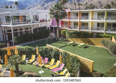 Palm Springs, California/United States - 11/23/2019: A View Of The Pool And Community Area In The Center Of The Hotel Known As The Saguaro Palm Springs