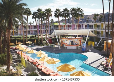 Palm Springs, California/United States - 11/23/2019: A View Of The Pool Area Inside The Hotel Known As The Saguaro Palm Springs