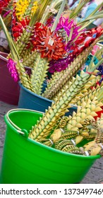 Palm Sunday In Mexico.
Easter. Palm Frond Weaving For Palm Sunday. City. Bouquets For The Church Placed In Colorful Tubs. Magic Town