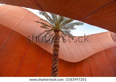 Palm tree in concrete structure at Masdar City, Abu Dhabi, highlighting sustainable architecture and innovative eco-urbanism design