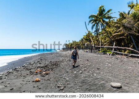 Palm Tree Lined Pohoiki Black Sand Beach, Isaac Hale Beach Park, Hawaii Island, Hawaii, USA