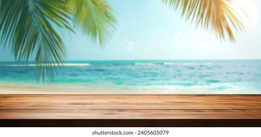 Palm tree on tropical beach with blue sky and white clouds abstract background. Copy space of summer vacation and business travel concept. with empty wooden table 
 - Powered by Shutterstock