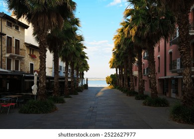 Palm Tree-Lined Pathway Leading to the Lake Garda.
A picturesque view of a coastal path lined with tall palm trees, guiding towards a serene, sunlit seafront in an Italian village. - Powered by Shutterstock