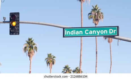 Palm Trees And Blue Sky, Palm Springs Resort City Near Los Angeles, Street Road Sign, Semaphore Traffic Lights On Crossroad. California Desert Valley Summer Road Trip On Car, Travel USA. Indian Canyon