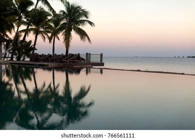 Palm Trees During Sunset Reflected In A Hotel Pool In A Tropical Spa In Fiji