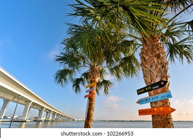 palm trees with milepost signs along atlantic intracoastal waterway, florida