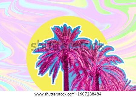 Palm trees on psychedelic sky background in tie dye style. Tropical travel concept. Surreal art collage
