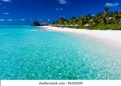 Palm Trees Over Stunning Lagoon And White Sandy Beach