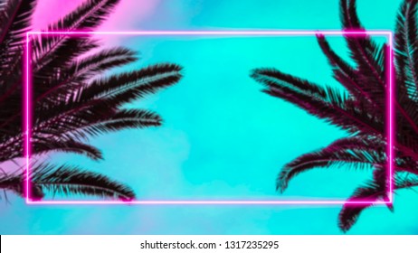 Palm trees and pink neon light frame. Colorful holiday and 80s concept background with copy space for text or product display. - Powered by Shutterstock