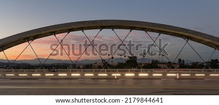 Palm trees silhouetted against a beautiful sunset viewed through the 6th street bridge in Los Angeles
